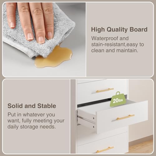 Aiho 5 Drawer Dresser, Tall Dresser with Metal Handles, Wood Storage Organizer for Bedroom, Hallway, or Entryway, White