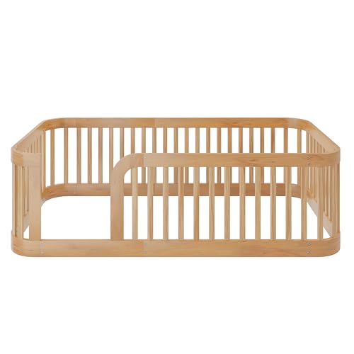 Bellemave Twin Floor Bed with High Fence and Rounded Corner Design, Wood Montessori Floor Bed with Guardrail and Entrance, Easy Assemble Montessori Bed Twin Size, Natural - Thumbnail 7