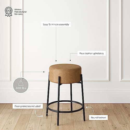 Nathan James Isaac 24\" Modern Backless Bar Stool with Round Soft Padded Upholstered Seat and Metal Mid-Century Base, PU Light Brown/Black