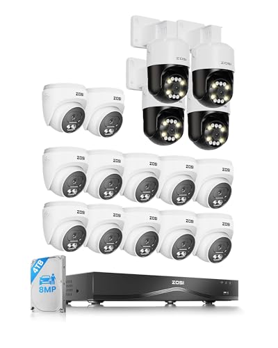 ZOSI 16CH (32CH Expandable) 4K PoE Security Camera System, 12x C220 4K 8MP PoE Camera and 4X C296 4K 8MP PoE IP Pan/Tilt Security Camera Outdoor, Night Vision, AI Detection, 4TB HDD for 24/7 Record
