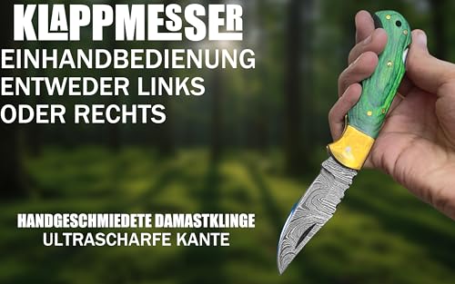 Novahaven Damaststahl Taschenmesser – Klappmesser für EDC, Jagd, Camping & Survival mit Holz-, Knochen- oder Harzgriff – Outdoor Geschenk-Messer (Mehrere Farben) (Grünholz)