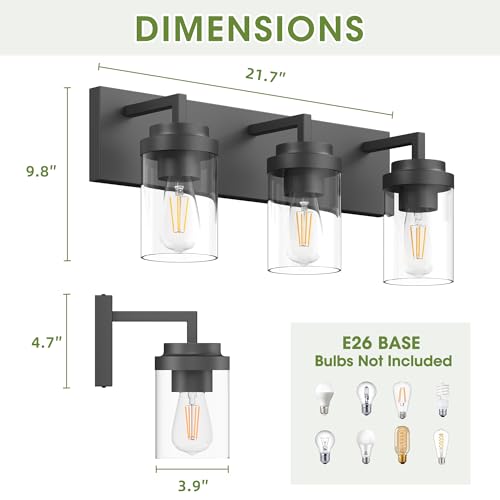 Image of Bathroom Vanity Light, 3 Light Matte Black Vanity Lights with Clear Glass Shade, 22in Modern Wall Sconces, Bathroom Lighting Fixtures Over Mirror for Living Room