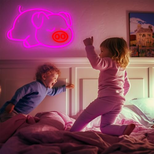 Image of Cute Pink Pig Neon Sign for Wall Decor, Neon Light for Bedroom LED Light Up Sign Creative Aesthetic Room Decor, USB Dimmable Backdrop Home Party Birthday Gift for Kids Boys Girls 15.7'' X 10.6''