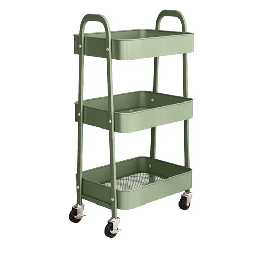 simpa 3 Tier Metal Multipurpose Wheeled Storage Tray Cart - DARK GREEN 78.5cm (H) x 46cm (W) x 30.5cm (D)