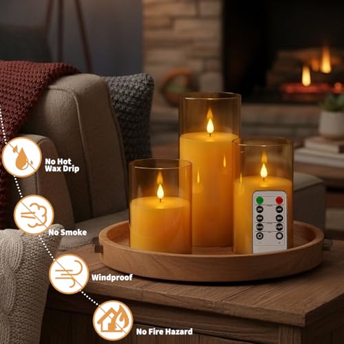 Image of NICEME Flickering Flameless Candles with Remote Timer Unbreakable Acrylic Battery Operated LED Candles with Flickering Flame 3D Wick for Romantic Ambience Home Decor Set of 3, D3 inch xH4 inch 5 inch 6 inch Amber