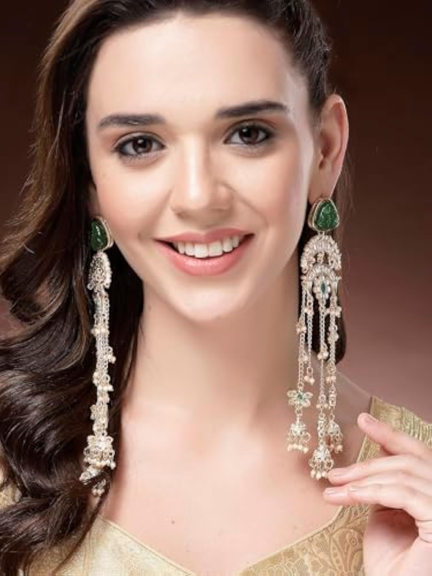 Ethnic Gold Plated Green Carved Stone Long Dangler Earrings