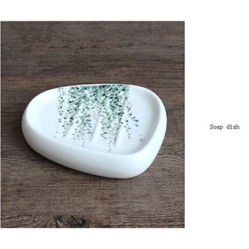 Lotion Dispenser White Ceramics And Green Plant Pattern Bathroom Vanity Countertop Accessory Set - Includes Soap Dispenser Pump, Toothbrush Holder, Tumbler Rinsing Cup, Soap Dish - 5 Pieces #TOP4