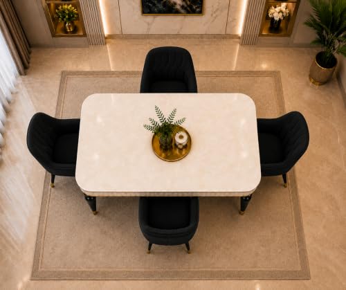 Image of 4 Seater Dining Table Set with Nano Composite Marble Top, Solid Wood Base & 4 Upholstered Chairs, Modern Dining Table Set for Home & Dining Room Furniture (Black, White Marble Top, 4 Seater)