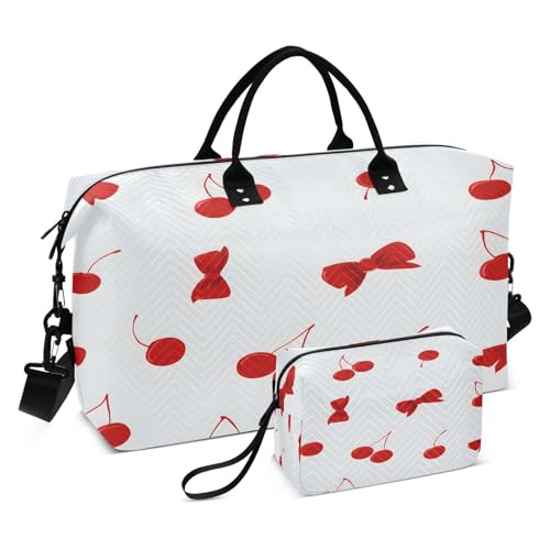 Travel Duffle Bag Weekender Bags Overnight Bag with Toiletry Bag Gym Duffel Bag Cherry Red Cute Bow for Travel Business Trips Sport