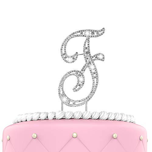 O'Creme Rhinestone Cake Topper - 4-Inch, Silver-Colored Letters for Wedding, Birthday, and Personalized Cakes - Sparkly Metal Alphabet Bling Decoration for Monograms, Initials, and Names - Letter F