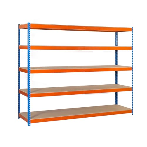 SimonRack Estantería Metálica Almacenaje, Sin Tornillos, 5 Baldas Madera, Alta Capacidad Carga 400 kg, 2000x1200x450 mm, Estantería Taller Garaje Trastero, Galva/Madera
