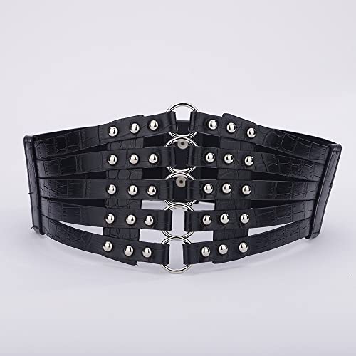 Jumwrit Pu Leather Wide Waist Belt Layered Hollow Out Rivets Cinch Belt Fashion Dress Tied Corset Elastic Stretch Wrap Around Waistband for Women(Black)3