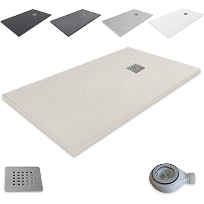 outletaseo Extra flache Duschwanne aus Harz, rutschfest, Schiefertextur, alle Größen erhältlich, inklusive Ablaufventil + Gitter (70 x 80, Beige RAL 1172) – Bild 5