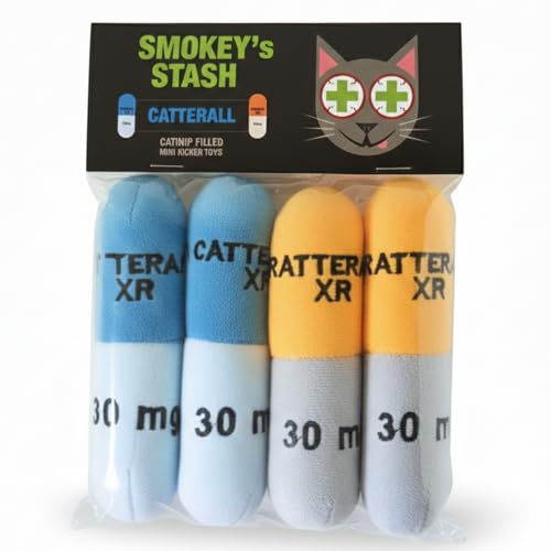 Smokeys Stash Catterall Catnip Toys 4 Pack Plush Pill Toys with Potent Catnip & Crinkle Paper Funny Parody Cat Toys for Indoor Cats & Kittens Interactive Kicker Toys