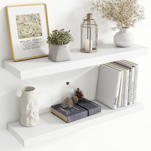 Image of 36 Inch Floating Shelves for Wall, 8 Inch Deep Floating Shelf for Storage & Display, Rustic Wall Mounted Shelf with Invisible Brackets for Living Room, Kitchen, Bathroom, Home Decor, Set of 2, White