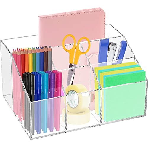Dicunoy Acrylic Desk Organizer, Clear Stationary Holder for Pen, 7 Compartments Pencils Storage Rack for Artist, Student, Classroom, School, Office, Craft Room Supplies Organization