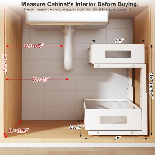 Image of 2 Packs 21IN Depth Under Sink Organizer, 2-Tier Pull Out Cabinet Organizer With Smooth Circular Rail, Large Capacity Metal Mesh Sliding Drawers For Bathroom& Kitchen Storage,Height Adjustable -White
