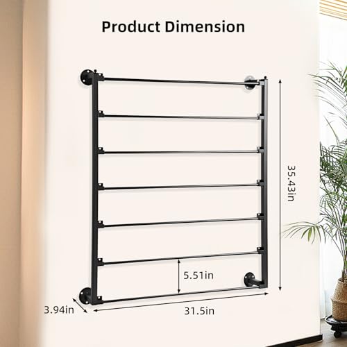 Image of 7 Tier Wall Mounted Ribbon Storage Organizer Rack, Metal Ribbon Holder for Craft Room Flower Store, Ideal for Wrapping Paper Scarf Tie Belt Towel - Black