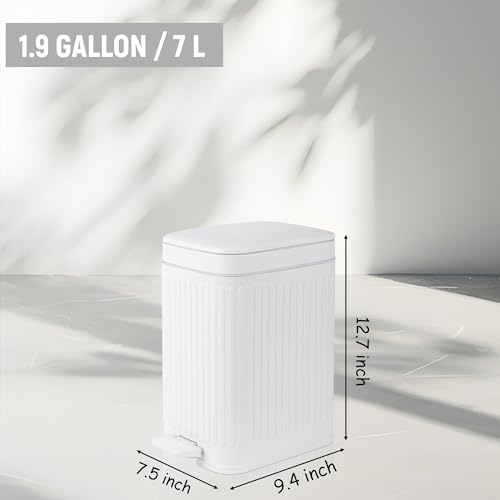 Image of rejomiik Small Bathroom Trash Can with Lid Slim Soft Close Garbage Can Step Wastebasket Container Trash Bin for Office Bedroom Kitchen Living Room (1.9 Gallon White)