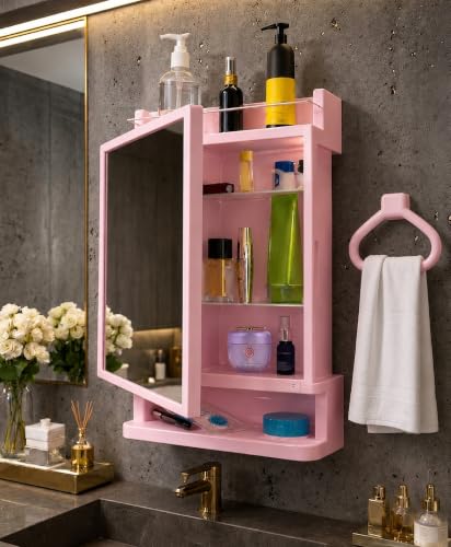 Image of CIPLA PLAST Rich Look Plastic Wall-Mounted Bathroom Mirror Cabinet with Storage Shelves, Single Door, Bathroom Mirror Cabinet with Towel Holder | (Pink)