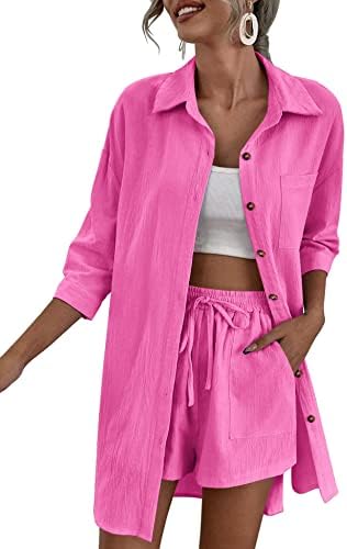 Sexqero Women's 2-Piece Lounge Tracksuit Outfit Sets Cotton Linen Hi-Lo Shirt and Drawstring Casual Shorts Set