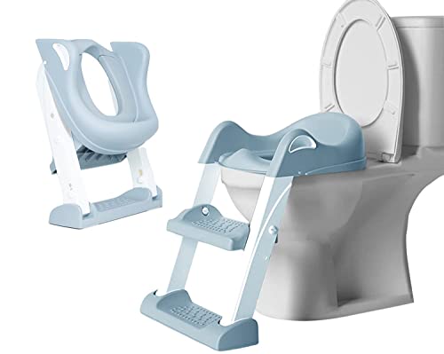 Edibaby, Adaptador wc niños con escalera, Reductor de Aprendizaje para Baño Inodoro, Portátil, Ajustable, Total Compatibilidad, Cojín Acolchado, de 1 a 7 años (Gris y Blanco)