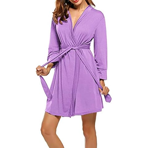 Hotouch Women Kimono Robes Cotton Lightweight Robe Short Knit Bathrobe Soft Sleepwear Ladies Loungewear S-XXL - purple - XS Cover