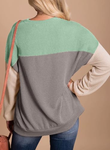 Image of Dokotoo Womens Tops Fashion 2026 Color Block Long Sleeve Shirts for Women Crewneck Knitted Casual Loose Blouses