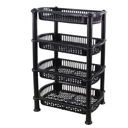 4 Tier Stacking Baskets Storage Veg Rack Plastic Stackers Black Plastic Kitchen Utility Basket Use in Bathroom Home Office Height 55.8cm x Length 35.6cm x Width 25.4cm Silver