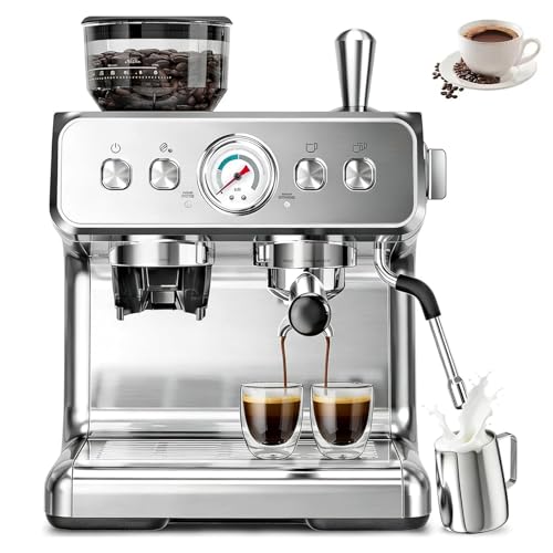Cafetera espresso con molinillo, máquina a presión de 20 bares, espumador de leche, portafiltro de 58 mm para baristas domésticos, ideal para lattes y capuchinos