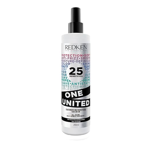 Frasco de spray do tratamento capilar Leave-in Redken One United de 200ml com rótulo branco e letras coloridas