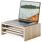 FENGE Monitor Stand, 3-Tier Monitor Riser with Slide-Out Tray, Wooden and Metal Desktop Organizer for Home Office, Computer, Laptop, Printer, Telephone,Oak