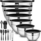 Stainless Steel Mixing Bowls with Airtight Lids, Fungun 20 PCS Metal Mixing Bowl Set, Size 5-3.5-2.5-2-1.5-1-0.7 QT, Black Nesting Bowls with Kitchen Tools Set for Kitchen Cooking, Baking, Prepping