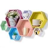 DoubleFill Honeycomb Shelves for Wall Set of 7 Wooden Hexagon Floating Shelves Decor Octagon Wall Mounted Storage Bookshelf for Living Room Bedroom Office Bee Day Decor(Macaron Color)