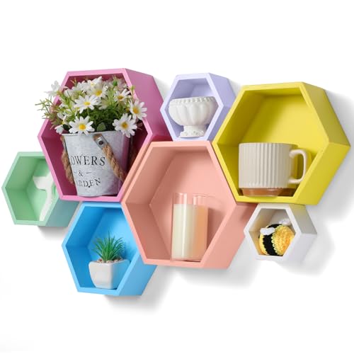 DoubleFill Honeycomb Shelves for Wall Set of 7 Wooden Hexagon