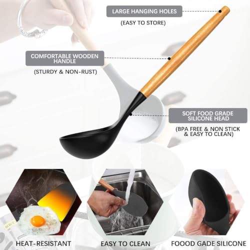 Image of 12-Piece Silicone Kitchen Utensil Set with Wooden Handles & Holder | Heat Resistant Non-Stick Cooking Tools | BPA Free Kitchen Spatula Set for Cooking & Baking