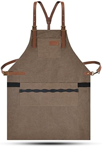 LURAD Durable Duty Canvas and Waist Adjustments Leather Utility Apron with Pockets for Men & Women-Brown