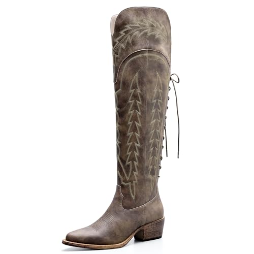 Image of GLOBALWIN Women's Cowboy Western Fashion Over The Knee Thigh High Cowgirl Boots Low Heel