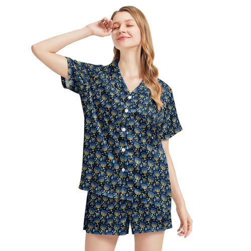 Image of Funny Satin Pajamas Set for Women Button Down Sleepwear Print Pjs Set 2 Piece Short Sleeve Loungewear Gift for Women