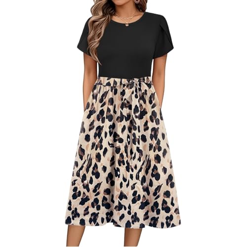 Sommerkleid Damen Knielang Elegant Blumen Kleid Damen Sommer A Linie Sommerkleider Leicht Und Luftig Strandkleid Frauen Tailliert Damenkleider Kurzarm...