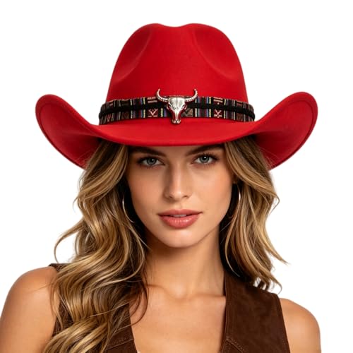 Image of Women Men Faux Felt Western Cowboy Hat with Ox Head Belt Buckle Mexican Cowgirl Wool Hat Newsboy Top Cap Wide Brim Fedora