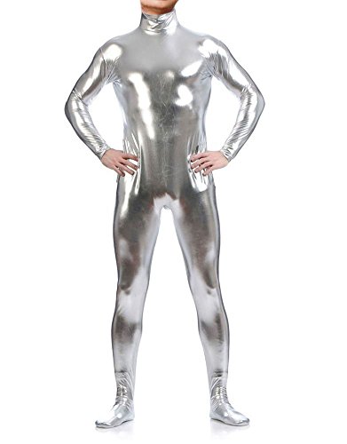 WOLF UNITARD Long Sleeve Shiny Metallic Zentai Alien Bodysuit Large Silver