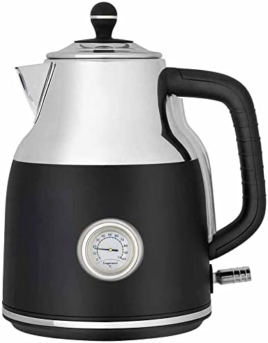 wilko black kettle 1.7l, stainless steel kettle with 360 degree swivel base, 26.4cm h x 22.4cm w, 17.6cm d