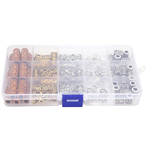 75 peças de contas de barba douradas de prata antiga, tubo de trança de cabelo de liga durável com c