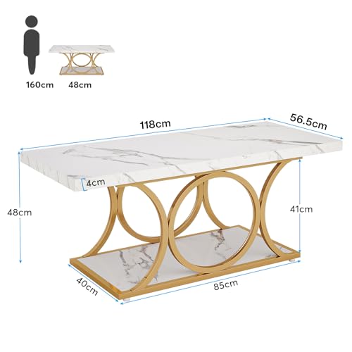 Tribesigns 46.45” Rectangle Coffee Table, Modern Coffee Tables for Living Room, 2-Tier Faux Marble Wood Coffee Table with Geometric Legs, Furniture with Storage Shelf (White & Gold) by Tribesigns - Image 2