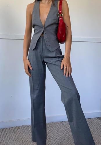 Women's Linen 2 Piece Outfits V Neck Vest Pants Sets Casual Summer Suits2