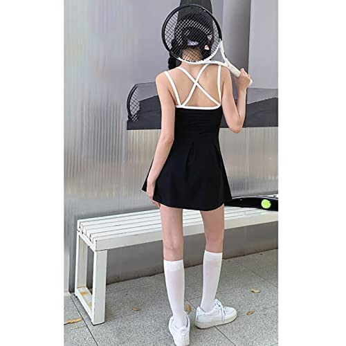 Huskydg Vestido de tênis feminino decote em U costas nuas sem mangas treino esportivo golfe badminto