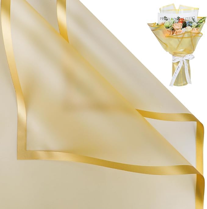 KTrading Waterproof Transparent Wrapping Paper 10 Sheets | Translucent Floral Bouquet Gift Wrapping Sheets for DIY Crafts, Party, Wedding & Event Decoration | 22.8 x 22.8 Inches (Gold)-image-32