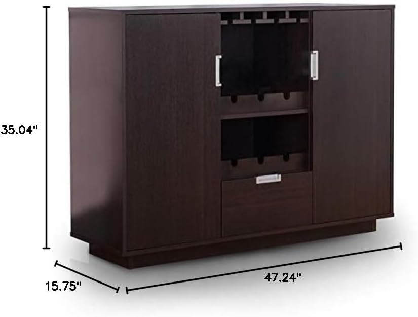 BOWERY HILL Contemporary Wood Wine Rack Buffet, Espresso Finish, Built-in Wine Storage, Glassware Racks, 2 Cabinets, Drawer, 47.24" W x 15.75" D x 35.04" H, Elevated Base, Dining Room Sideboard