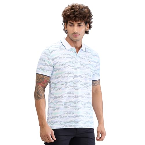 Image of Colorplus Men's Regular Fit Print Pattern Pure Cotton Half Sleeve Polo Neck Casual T-Shirt
